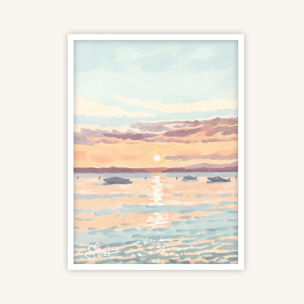 Lake Garda sunset in pastel colours with tiny boats on the horizon, fine art print