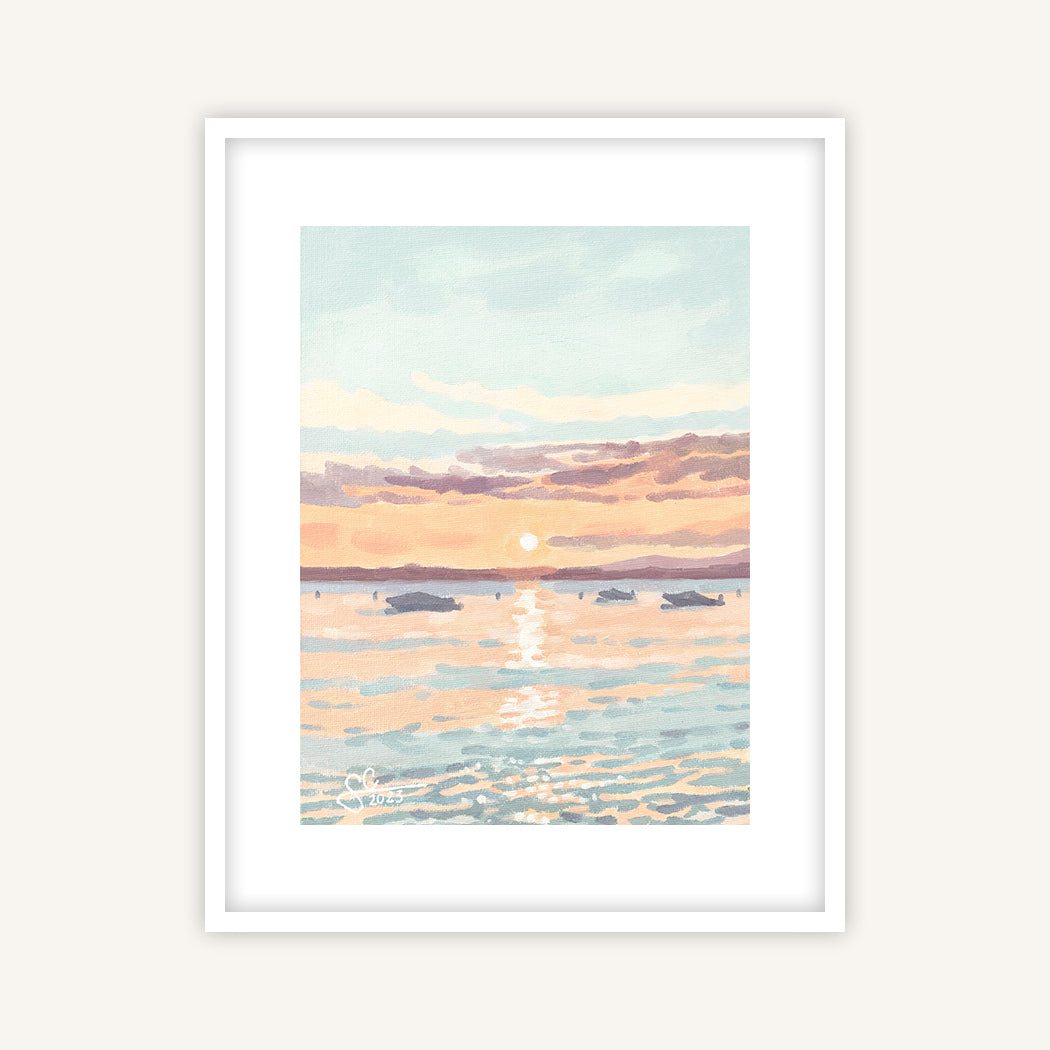 Lake Garda sunset in pastel colours with tiny boats on the horizon, fine art print