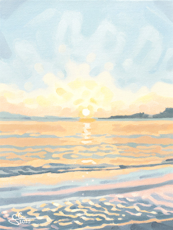 Toskana Strand Kunstdruck mit Sonnenuntergang über dem Meer, mediterranes Gemälde