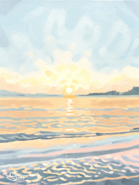 Toskana Strand Kunstdruck mit Sonnenuntergang über dem Meer, mediterranes Gemälde