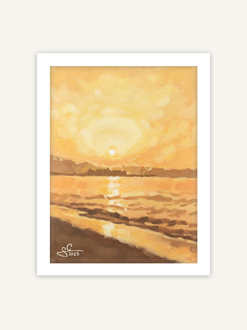 Kreta Sonnenuntergang Wandbild, griechische Küste mit kraftvoller Sonne, mediterranes Gemälde in weißem Rahmen