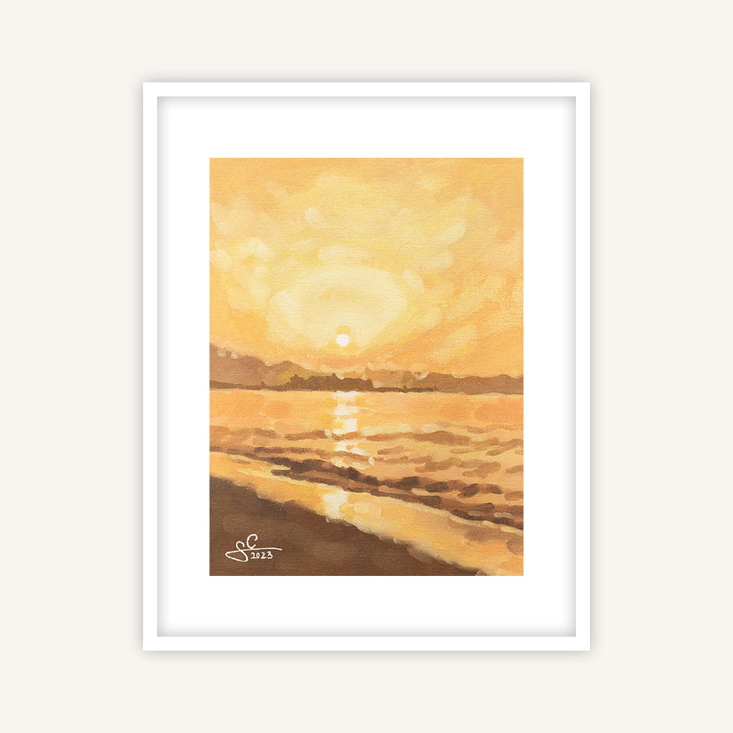 Crete beach at sunset with Rethymno fortezza rising on the horizon, fine art print