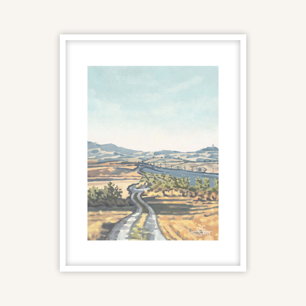 Tuscany landscape at sunset with path winding through rolling hills, fine art print