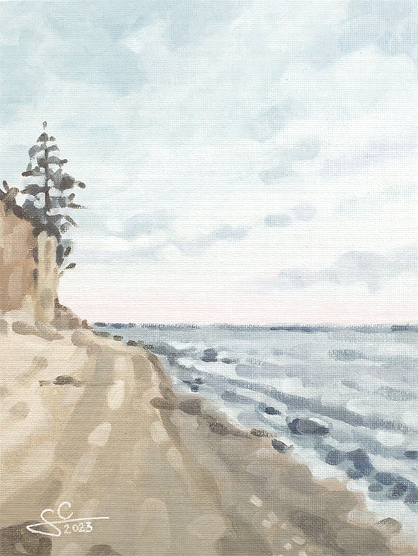 Strand Wandbild mit Dämmerungslicht, melancholische Küstenlandschaft, handgemaltes Ölgemälde