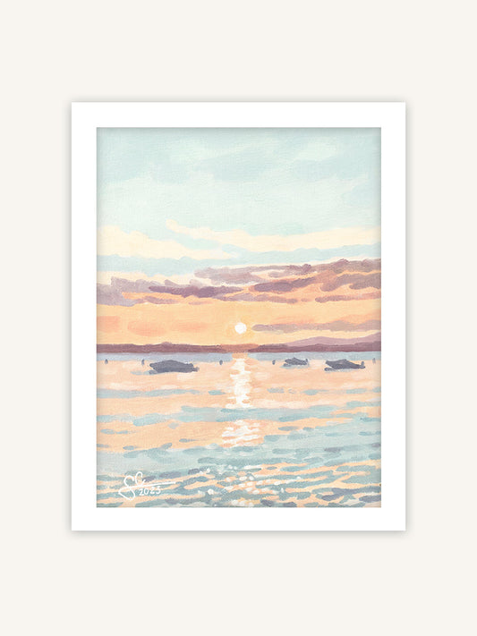 Gardasee Sonnenuntergang Wandbild mit Booten, Italien Poster, mediterranes Gemälde mit weißem Rahmen