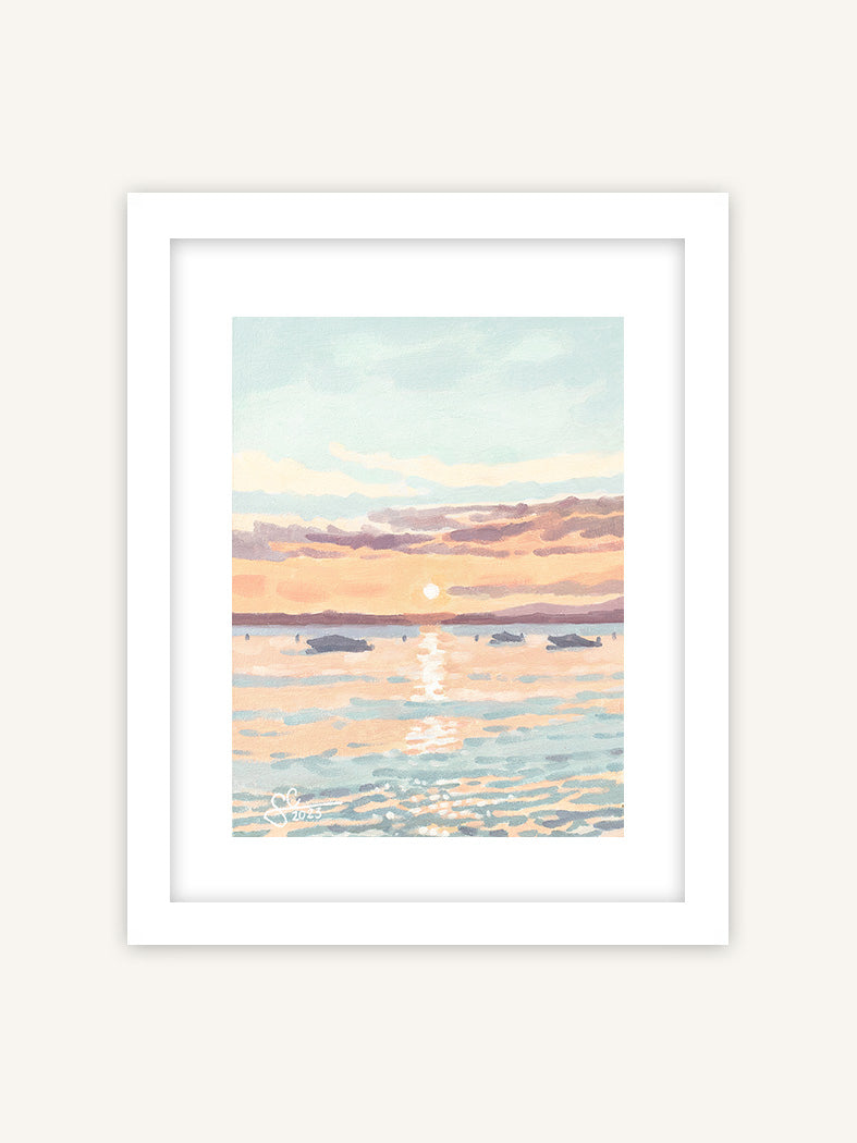 Gardasee Sonnenuntergang Wandbild mit Booten, Italien Poster, mediterranes Gemälde mit weißem Rahmen und Passepartout