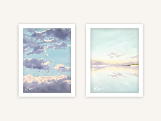 Reisekunst Trio Set, Kunstdrucke Landschaft in violetten und blauen Tönen, Küste und Himmel, beruhigende Atmosphäre