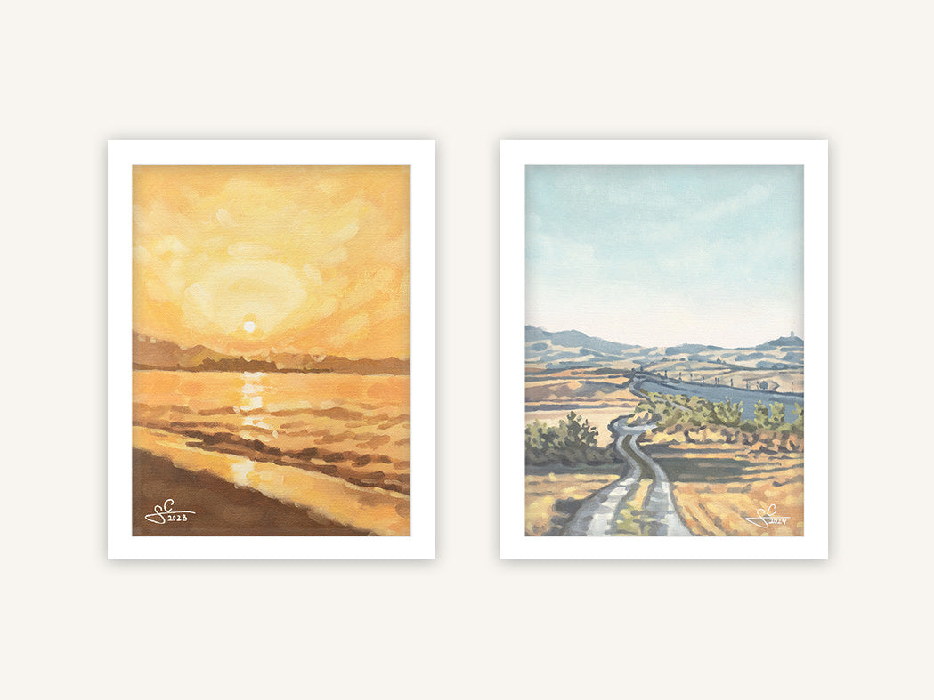 Mediterrane Kunstdrucke Duo Set, Kunstdrucke Landschaft Toskana und Kreta Strand in goldenen Farbtönen