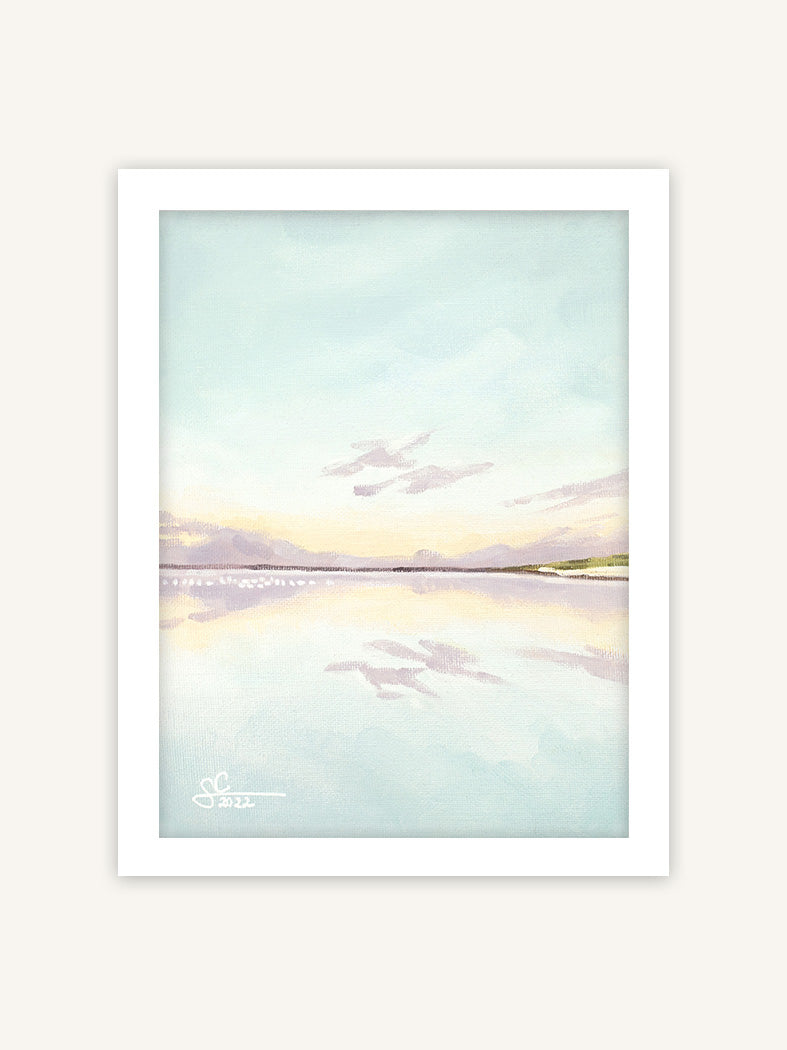 Ruhiges Meer Wandbild, stille Küstenlandschaft, Ölgemälde mit Meeresmotiv und weißem Rahmen