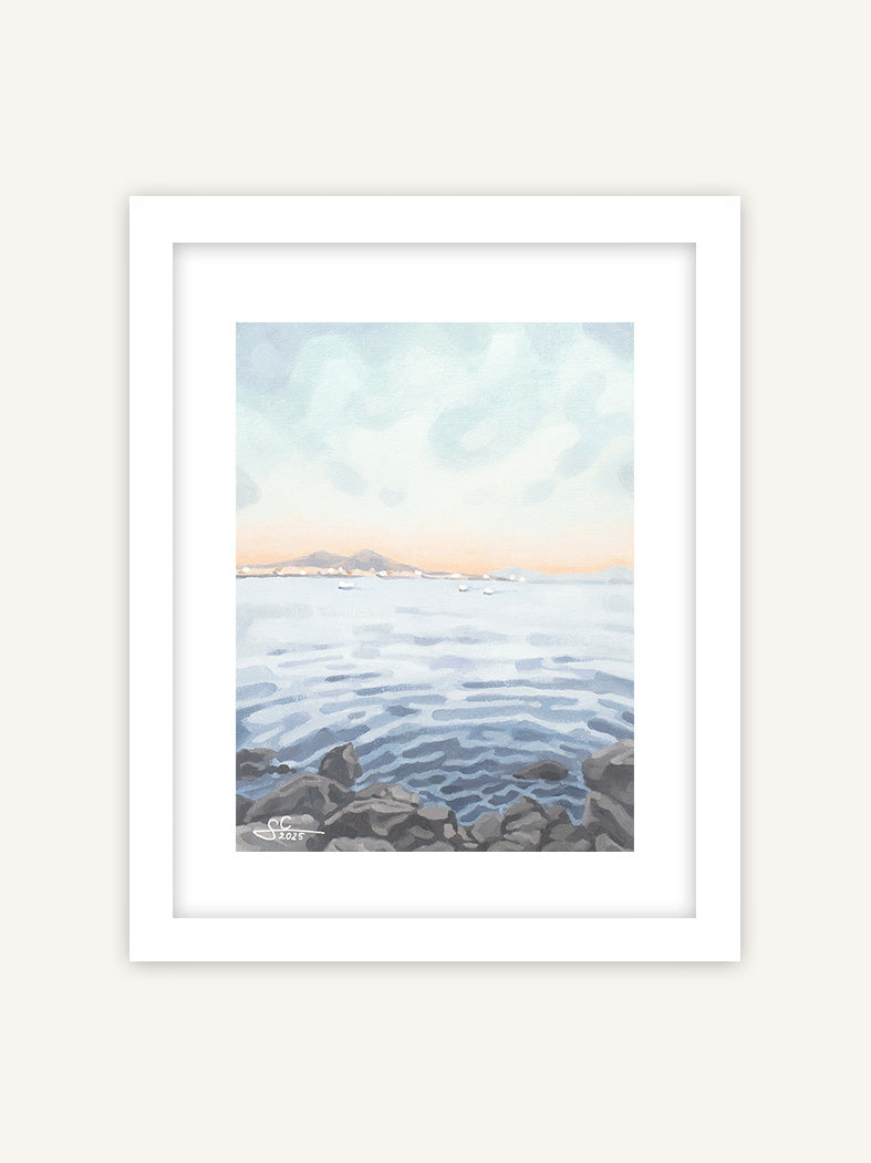 Neapel Vesuv Kunstdruck, Golf von Neapel bei Sonnenuntergang, mediterranes Gemälde mit weißem Rahmen und Passepartout