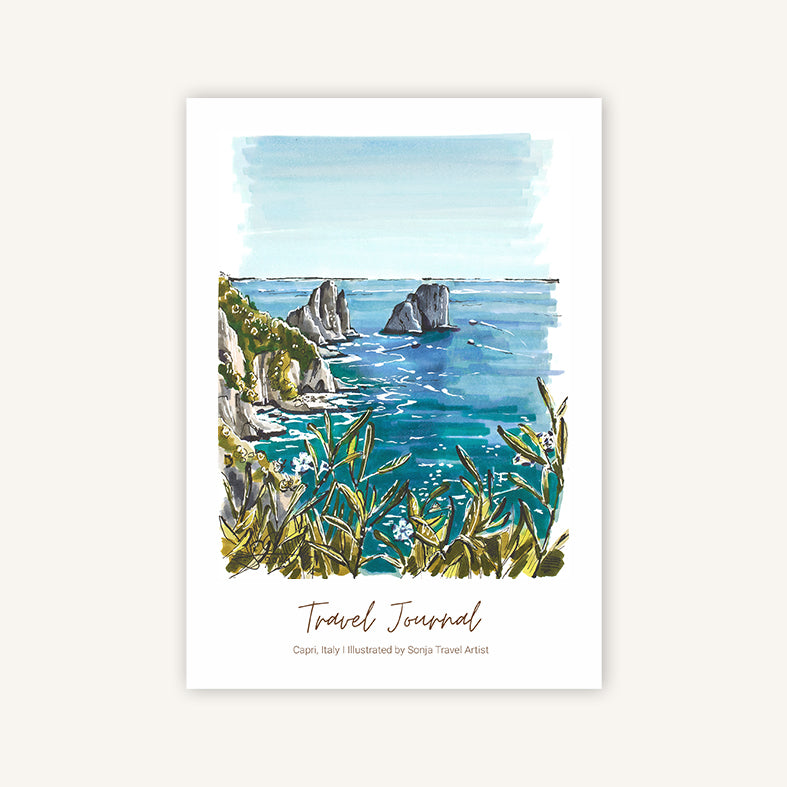 Capri Italy travel journal A5 featuring a travel drawing of the Faraglioni sea stacks, cover