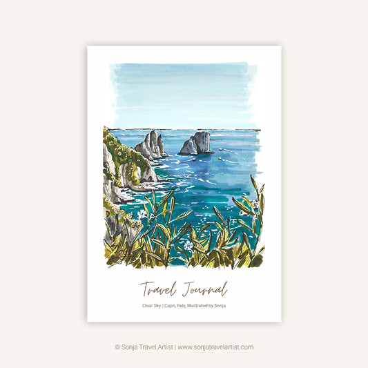 Capri Italy travel journal A5 featuring a travel drawing of the Faraglioni sea stacks, cover