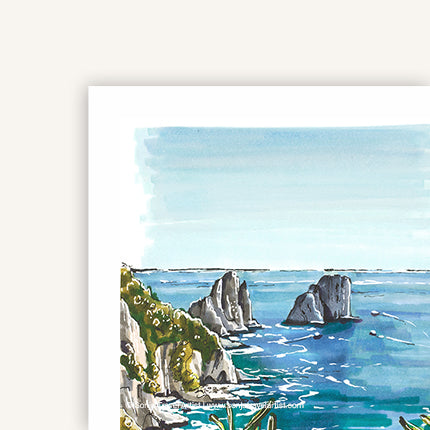 Capri, Italy travel journal A5 featuring a travel drawing of the Faraglioni sea stacks, cover detail view