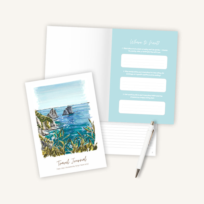 Capri Italy travel journal A5, interior view with blue travel prompt page
