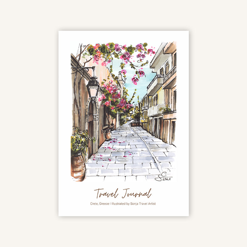 Crete Greece travel journal A5 featuring a travel drawing of an alley with pink bougainvillea flowers, cover