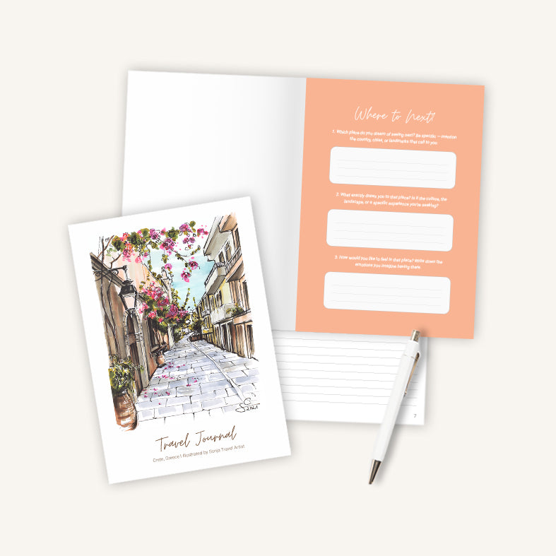 Crete Greece travel journal A5, interior view with coral-coloured travel prompt page