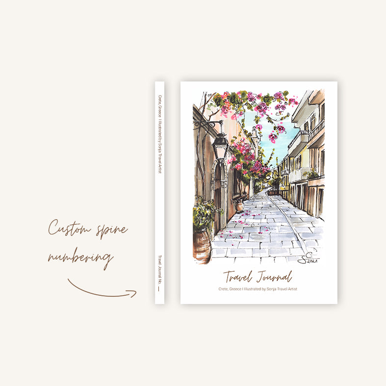 Greece travel journal featuring Crete illustration with pink bougainvillea flowers, spine detail