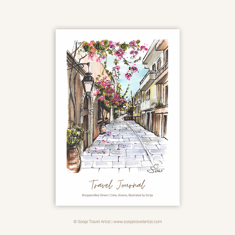 Crete Greece travel journal A5 featuring a travel drawing of an alley with pink bougainvillea flowers, cover