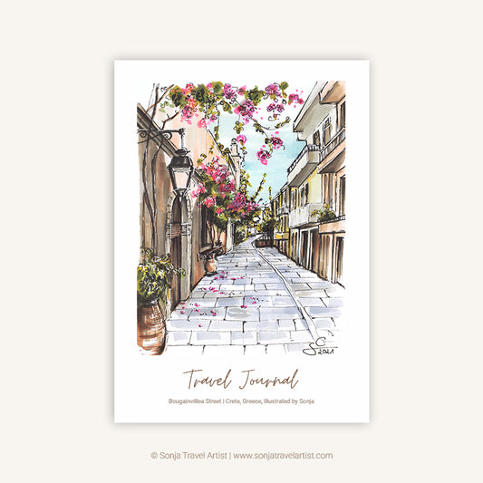 Crete Greece travel journal A5 featuring a travel drawing of an alley with pink bougainvillea flowers, cover