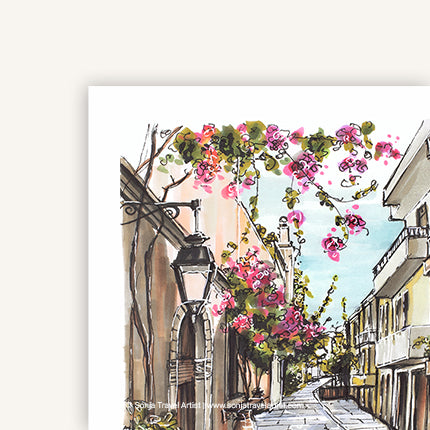 Crete Greece travel journal A5 featuring a travel drawing of an alley with pink bougainvillea flowers, cover detail view