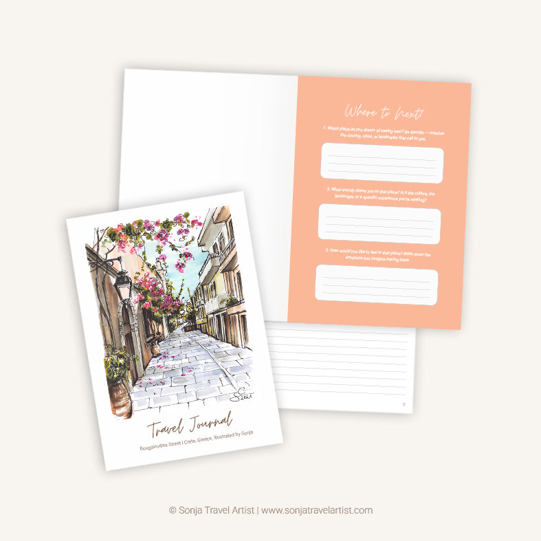 Crete Greece travel journal A5, interior view with coral-coloured travel prompt page