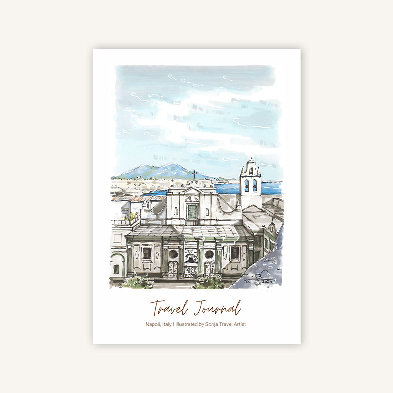Naples Italy travel journal A5 featuring a travel drawing of the Gulf of Naples, cover