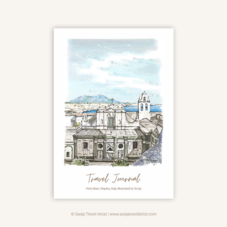 Naples Italy travel journal A5 featuring a travel drawing of the Gulf of Naples, cover