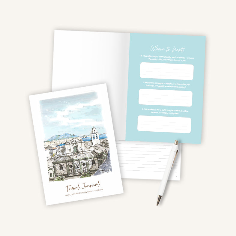 Naples Italy travel journal A5, interior view with blue travel prompt page