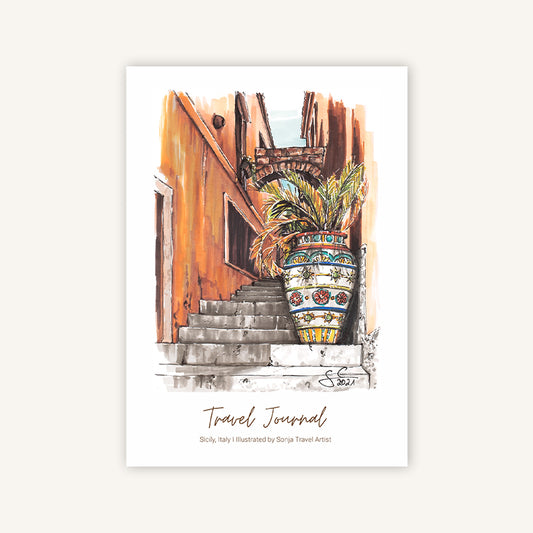 Sicily Italy travel journal A5 featuring a travel drawing of an alley with stairs and palm tree leaves, cover