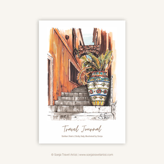 Sicily Italy travel journal A5 featuring a travel drawing of an alley with stairs and palm tree leaves, cover