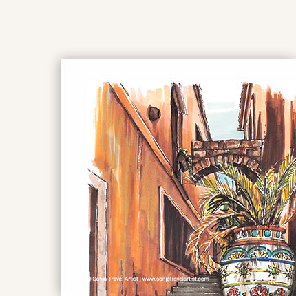 Sicily Italy travel journal A5 featuring a travel drawing of an alley with stairs and palm tree leaves, cover detail view