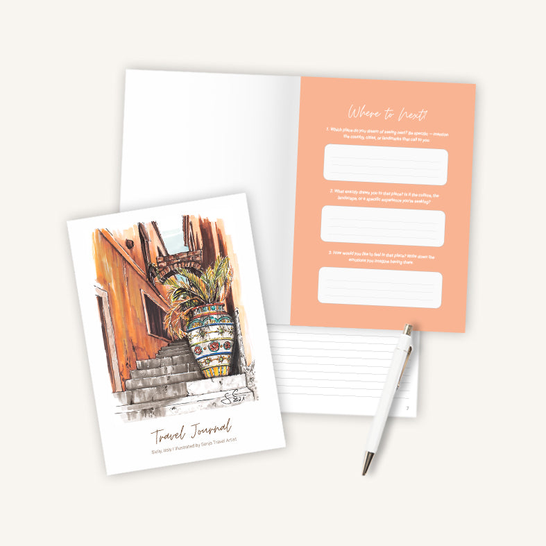 Sicily Italy travel journal A5, interior view with coral-coloured travel prompt page